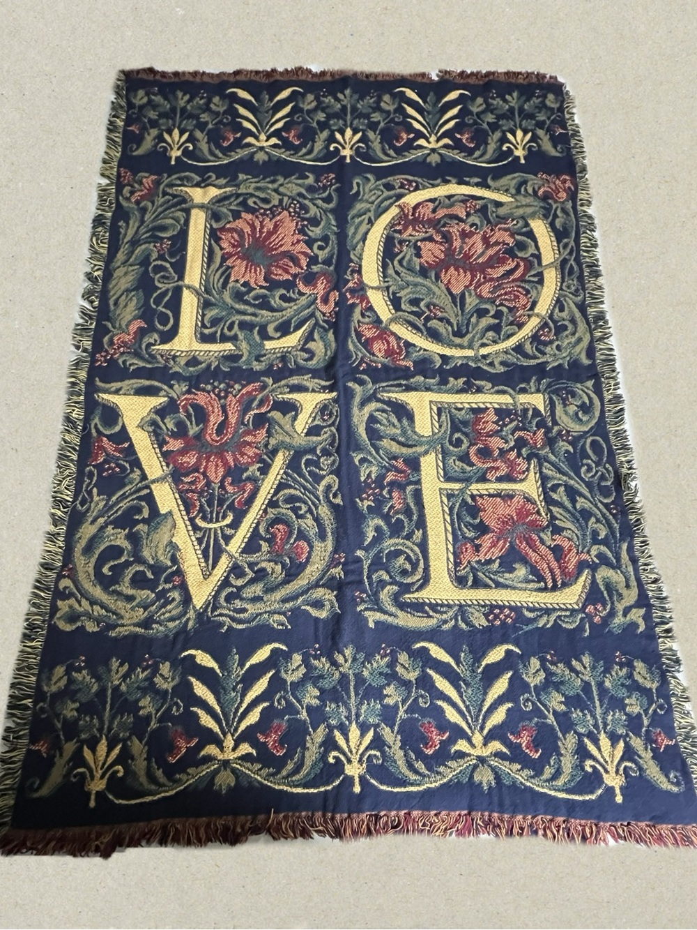 Vintage “LOVE” Woven tapestry throw or blanket with floral pattern fringed edges
